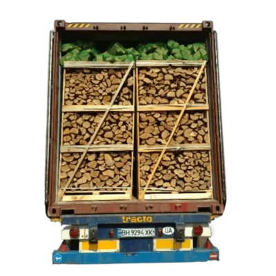 Full 40'Hc Container With Large Crates Dried Firewood And Nets Loaded Over The Pallet Boxes Best Price Container Firewood On Pallet Boxes And Bagged Logs