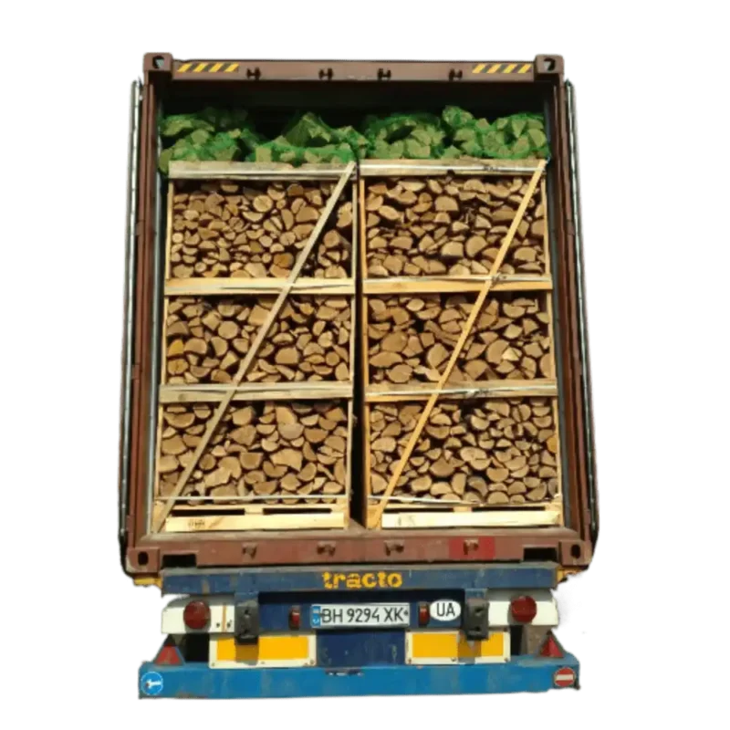 Full 40'Hc Container With Large Crates Dried Firewood And Nets Loaded Over The Pallet Boxes Best Price Container Firewood On Pallet Boxes And Bagged Logs
